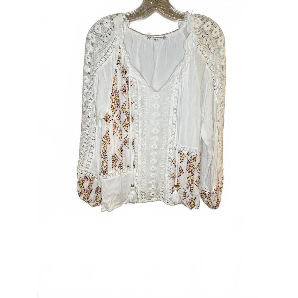 Soleillee Women's White Bohemian Lace Detail Blouse Size Small